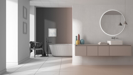 Fototapeta na wymiar Architect interior designer concept: hand-drawn draft unfinished project that becomes real, bathroom, washbasin with mirror, bathtub, tiles, armchair and decors, project concept idea