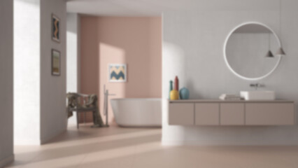 Fototapeta na wymiar Blur background, modern minimalist bathroom, washbasin with mirror, bathtub, tiles and concrete walls, armchair, colored vases and decors, interior design project concept idea