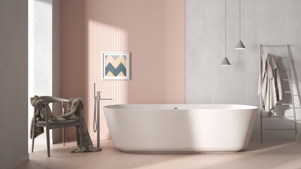 Modern cozy minimalist bathroom, freestanding bathtub, mosaic hexagonal pastel tiles, armchair with fur, concrete white walls, contemporary interior design showcase concept idea