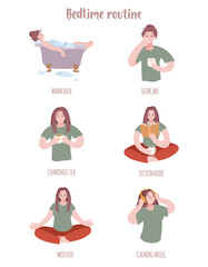 Cute girls and evening habits: warm bath, reading, skincare, chamomile tea, calming music, meditation.