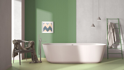 Modern cozy minimalist green bathroom, freestanding bathtub, mosaic hexagonal pastel tiles, armchair with fur, concrete white walls, contemporary interior design showcase concept idea