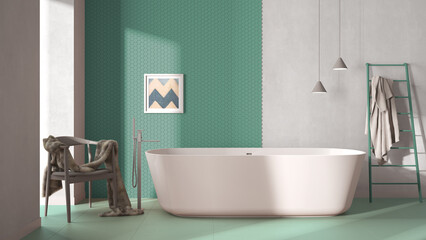 Obraz na płótnie Canvas Modern cozy minimalist turquoise bathroom, freestanding bathtub, mosaic hexagonal pastel tiles, armchair with fur, concrete white walls, contemporary interior design showcase concept