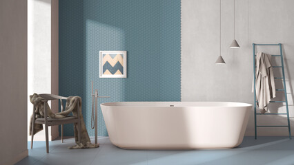 Modern cozy minimalist blue bathroom, freestanding bathtub, mosaic hexagonal pastel tiles, armchair with fur, concrete white walls, contemporary interior design showcase concept idea