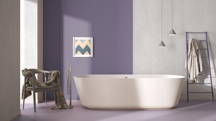 Modern cozy minimalist purple bathroom, freestanding bathtub, mosaic hexagonal pastel tiles, armchair with fur, concrete white walls, contemporary interior design showcase concept idea