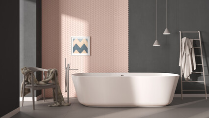 Modern cozy minimalist dark bathroom, freestanding bathtub, mosaic hexagonal pastel tiles, armchair with fur, concrete white walls, contemporary interior design showcase concept idea