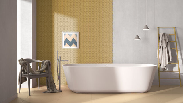 Modern cozy minimalist yellow bathroom, freestanding bathtub, mosaic hexagonal pastel tiles, armchair with fur, concrete white walls, contemporary interior design showcase concept