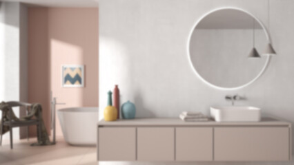 Fototapeta na wymiar Blur background, cozy minimalist bathroom, washbasin with mirror, bathtub, tiles and concrete walls, armchair, colored vases and decors, interior design project concept idea