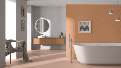 Cozy minimalist bathroom in orange pastel tones, freestanding bathtub, tiles and concrete walls, washbasin, mirror, armchair, colored vases and decors, interior design project concept