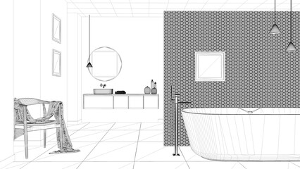 Blueprint project draft, cozy bathroom, freestanding bathtub, tiles and concrete walls, washbasin, mirror, armchair, colored vases, decors, interior design project concept