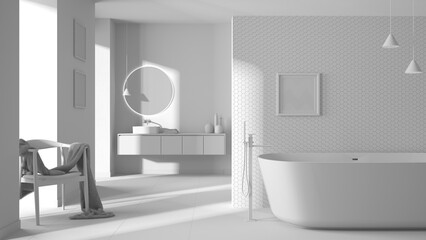 Total white project draft, cozy bathroom, freestanding bathtub, tiles and concrete walls, washbasin, mirror, armchair, colored vases, decors, interior design project concept