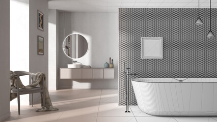 Architect interior designer concept: hand-drawn draft unfinished project that becomes real, bathroom, freestanding bathtub, tiles and concrete walls, washbasin, mirror, armchair