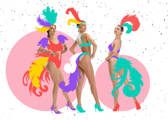 Fototapeta na wymiar Three excited, slim girls wearing drawn colorful carnival costumes on abstract background. Concept of festival, holidays, art, fashion