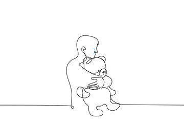 man crying while hugging a teddy bear - one line drawing. concept psychological session, "inner child" of an adult, loneliness, loss of a child, grief and resentment