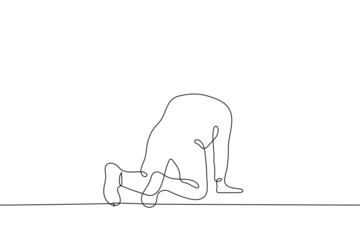 man standing on all fours - one line drawing vector. the concept of emotional emptiness, suffering, vomiting
