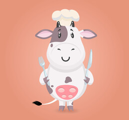 Funny cartoon butcher shop mascot. Happy Cow chef holding a fork and knife. Design for print, emblem, t-shirt, party decoration, sticker, logotype.