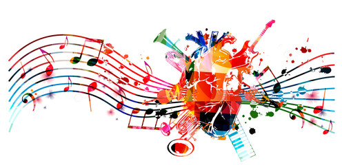 Love and passion for music background. Human heart with colorful musical notes and instruments poster for live concert events, music festivals and shows, party flyers vector illustration © abstract