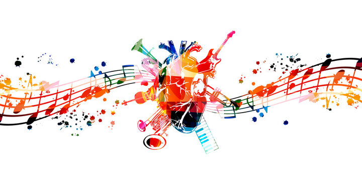Love and passion for music background. Human heart with colorful musical notes and instruments poster for live concert events, music festivals and shows, party flyers vector illustration