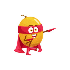 Melon fruit cartoon superhero character in cape. Vector super hero personage in red cloak and mask stand with raised arm. Funny cheerful fairytale healthy food, brave plant ready for adventure feat