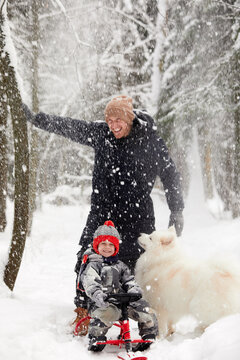 Father and son walking in snowy forest with his beagle dog in pine forest. Family walking with pets and winter outfit concept image.
