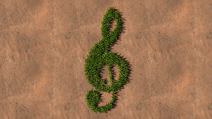 Concept or conceptual green summer lawn grass symbol shape on brown soil or earth background, a musical note sign. 3d illustration metaphor for music, concert, orchestra, education and culture