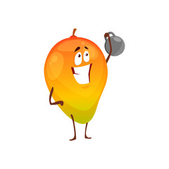 Cartoon mango fruit sportsman vector icon, funny character workout with dumbbell doing sport exercises isolated on white background. Healthy exotic food, sports lifestyle, organic nutrition symbol
