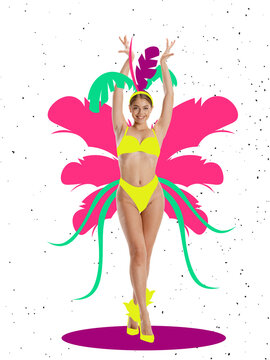 Contemporary art collage with beautiful young woman in drawn colorful carnival peacock costume. Concept of festival, holidays, art, fashion