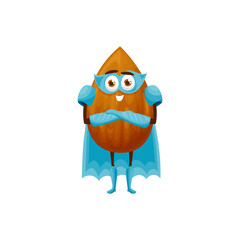 Funny bean peanut superhero isolated grain or seed of funny emoji emoticon in face mask and cape. Vector funny cocoa bean, dried seed, childish face and big eyes. Healthy organic food, superfood hero