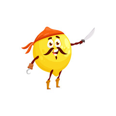Pirate yellow citrus lemon fruit in bandana with sword and hook on hand isolated cartoon character mascot. Vector juicy lemon, tropical citron, ripe sour fruit pirate in bandana, corsair or buccaneer