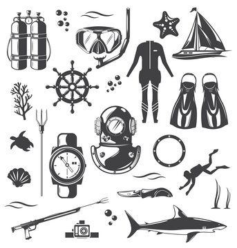 Scuba diving, snorkeling equipment and gear set, vector isolated illustration.