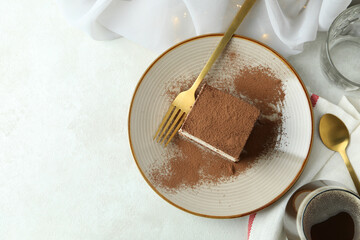 Concept of tasty dessert with Tiramisu cake, space for text