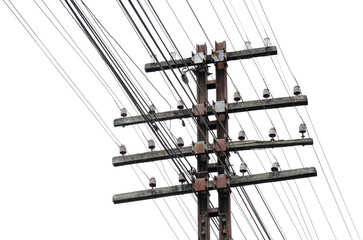 Closeup to old telegram transmission line pole isolated on white background. Made of railroad...