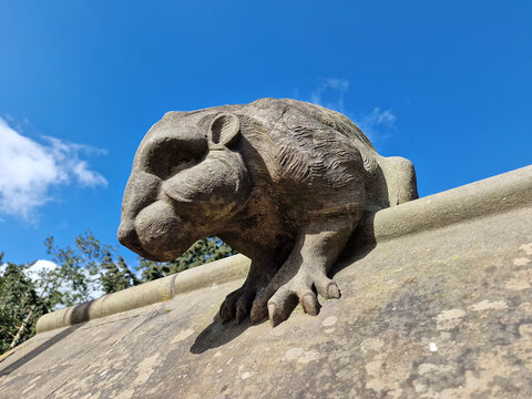 Beaver sculpture from the Animal Wall of Cardiff Castle in Wales built in 1890 in Castle Street which is a popular travel destination tourist attraction landmark of the city stock photo image - Powered by Adobe