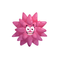 Cartoon purple virus character. Funny microorganism or pathogen vector mascot, pink germ, star shape microbe or disease cell cute isolated character personage with happy smiling face