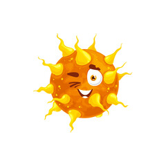 Cartoon virus, microbe or pathogen character, medicine and health vector personage. Funny cute virus cell of flu or covid flu personage for kids viral disease protection and antiviral immune health