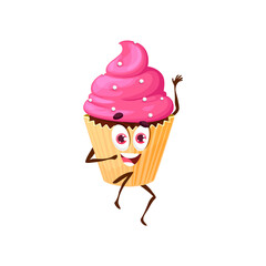 Cartoon funny dancing cupcake character, vector muffin dessert with pink cream and sprinkles. Bakery personage with funny face waving hand. Cake bakehouse production, kawaii confectionery sweets