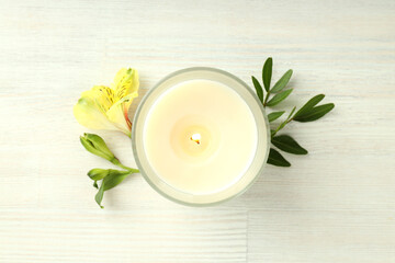 Cozy and relax composition with candle, close up