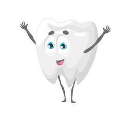 Human funny cartoon tooth character. Comical white teeth personage happy smiling and waving hands. Funny and cheerful healthy molar tooth, oral health isolated vector character