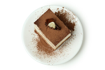 Plate with Tiramisu cake isolated on white background