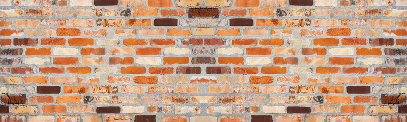Orange red brown damaged rustic brick wall brickwork stonework masonry texture background banner panorama pattern template architecture