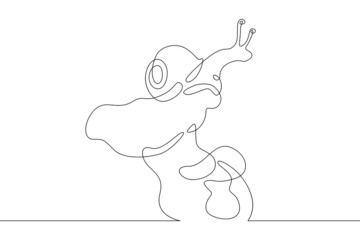 A snail crawls over a mushroom cap. Gastropod molluscs with external shell.Forest mushrooms in nature.Fresh organic food.One continuous line.Continuous line drawing.Line Art isolated white background.