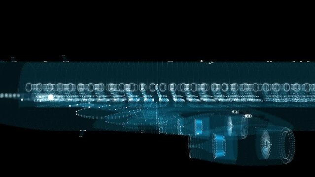 Airliner consists of luminous lines. Transport and technology concept