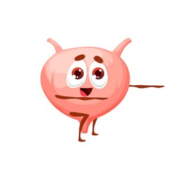 Human funny cartoon bladder character. Vector body internal organ, urinary system personage doing sports exercises. Healthy lifestyle, funny anatomy for kids, medical healthcare kawaii bladder