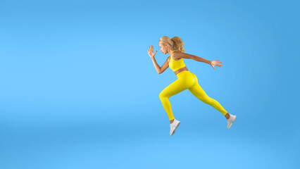 Serious woman running at blue studio background