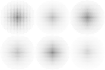 Big set of black textured circle strokes isolated on white background.
Abstract dotted circles, round halftone geometric dot gradient and pop art texture. Dust gradation vector set. 