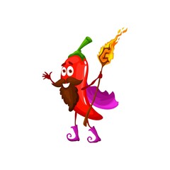 Cartoon mage chili pepper character. Funny vegetable isolated personage, hot seasoning with flaming magical staff of fiery scepter. Happy smiling chilli pepper wizard vector mascot character in cape