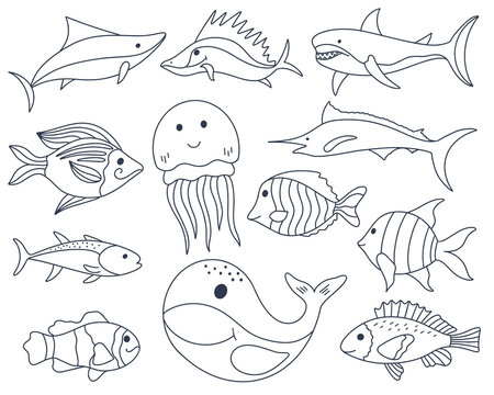 Sea fish doodle set. Collection hand drawn ocean characters. Baby coloring underwater inhabitants. Isolated vector illustration