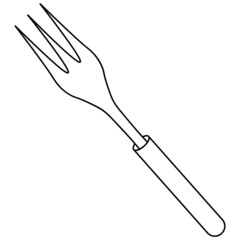 Large barbecue fork with three prongs. Sketch. Tool for turning and removing meat and fish from the grill. Vector illustration. Coloring. Outline on isolated background. Doodle style. 