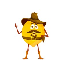 Cartoon sheriff or cowboy lemon character. Vector citrus fruit in hat, boots and gun on belt. Wild west texas ranger vitamin food hero. Western personage healthy plant, isolated lemon horseman