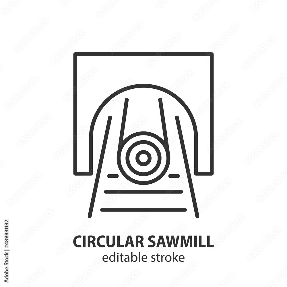 Sticker circular sawmill line icon. circular sawing vector symbol. editable stroke.