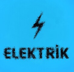 distortion b y patterned glass design of lightening bolt symbol with letters spelling ELEKTRIK in black on a vivid plain turquoise blue background